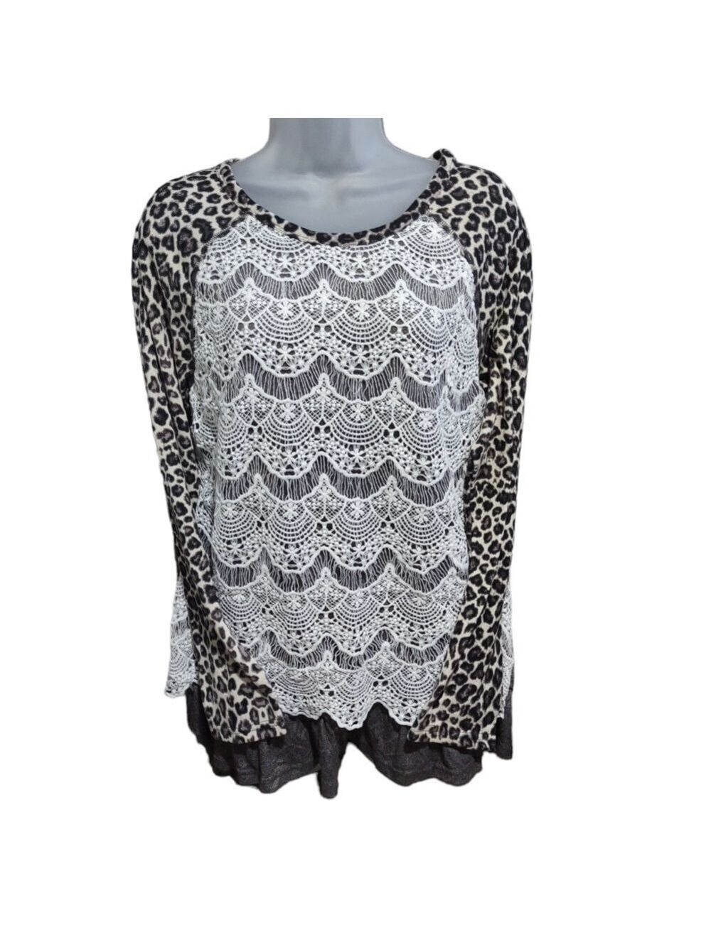 Kori America Gray Animal Print Lace Overlay Top Small